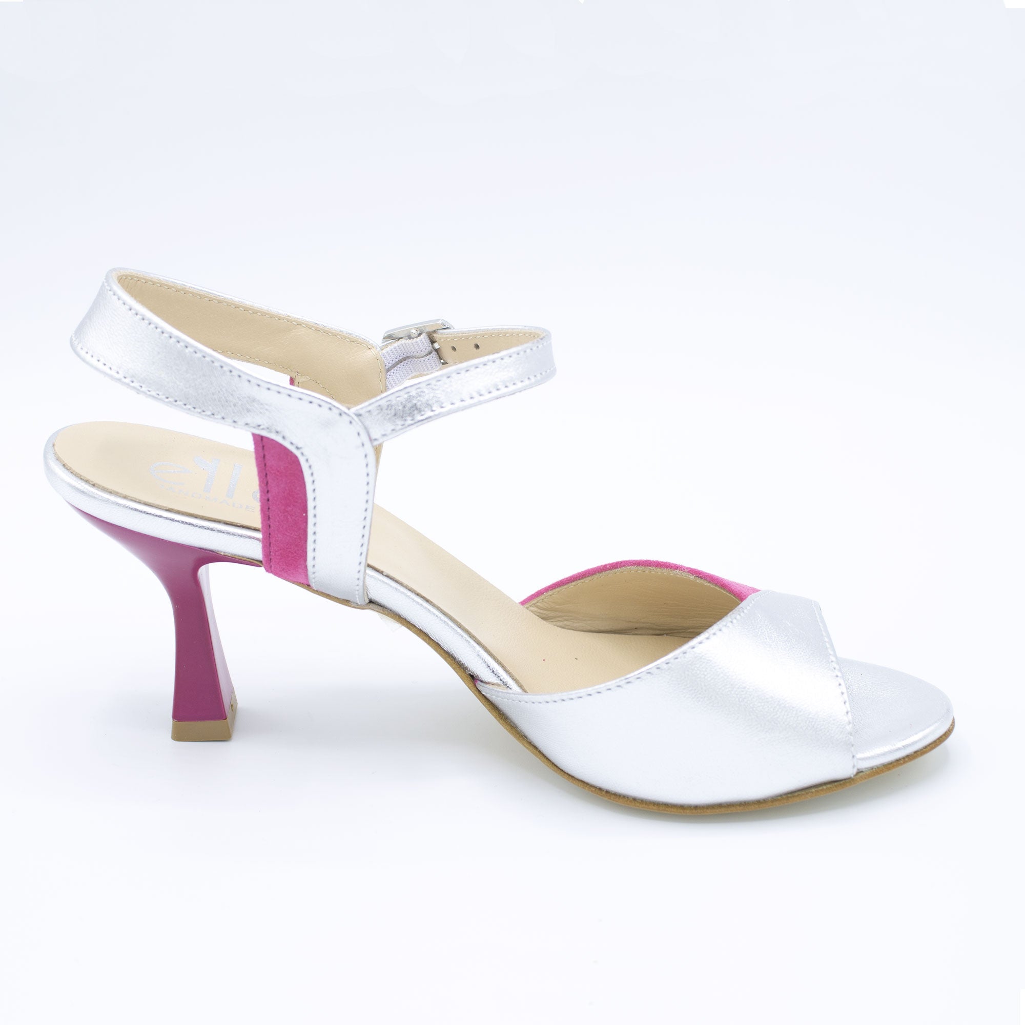 Sandalo in pelle fuxia e argento