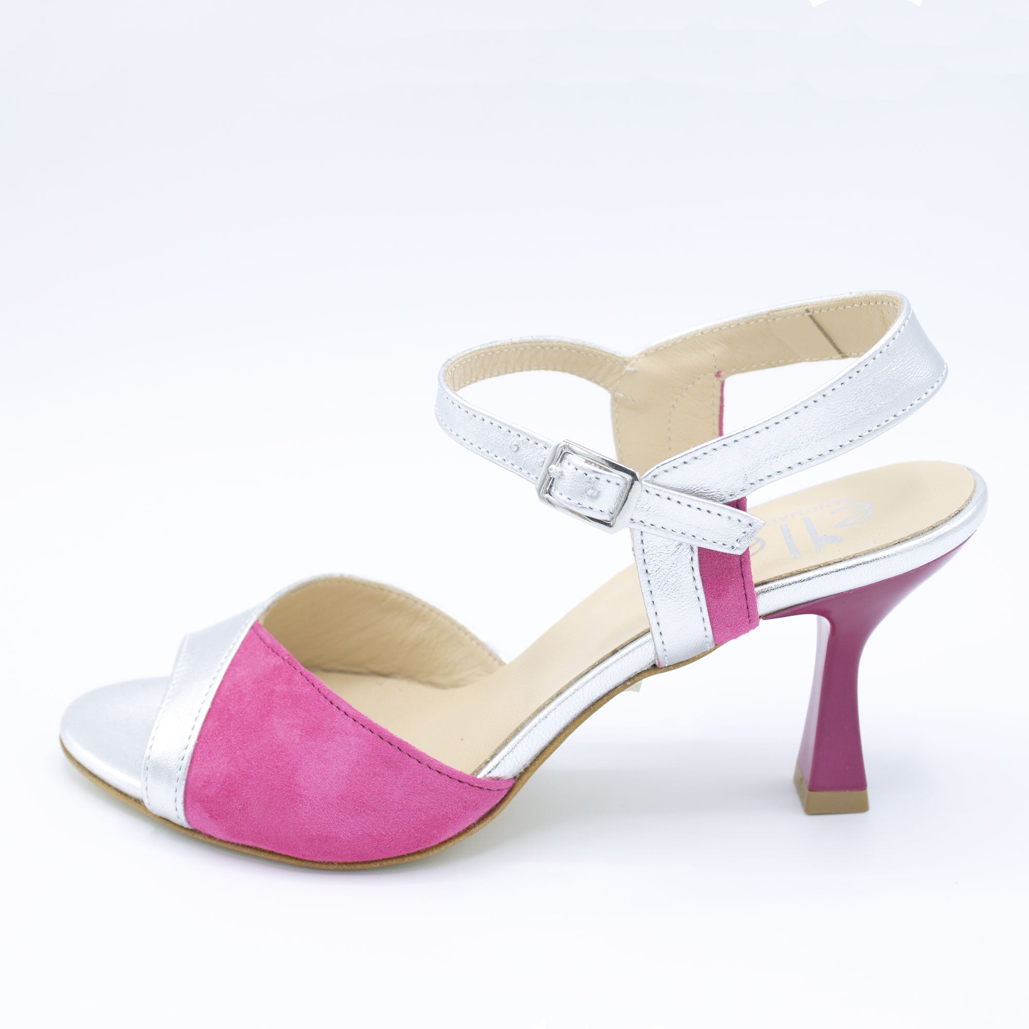 Sandalo in pelle fuxia e argento