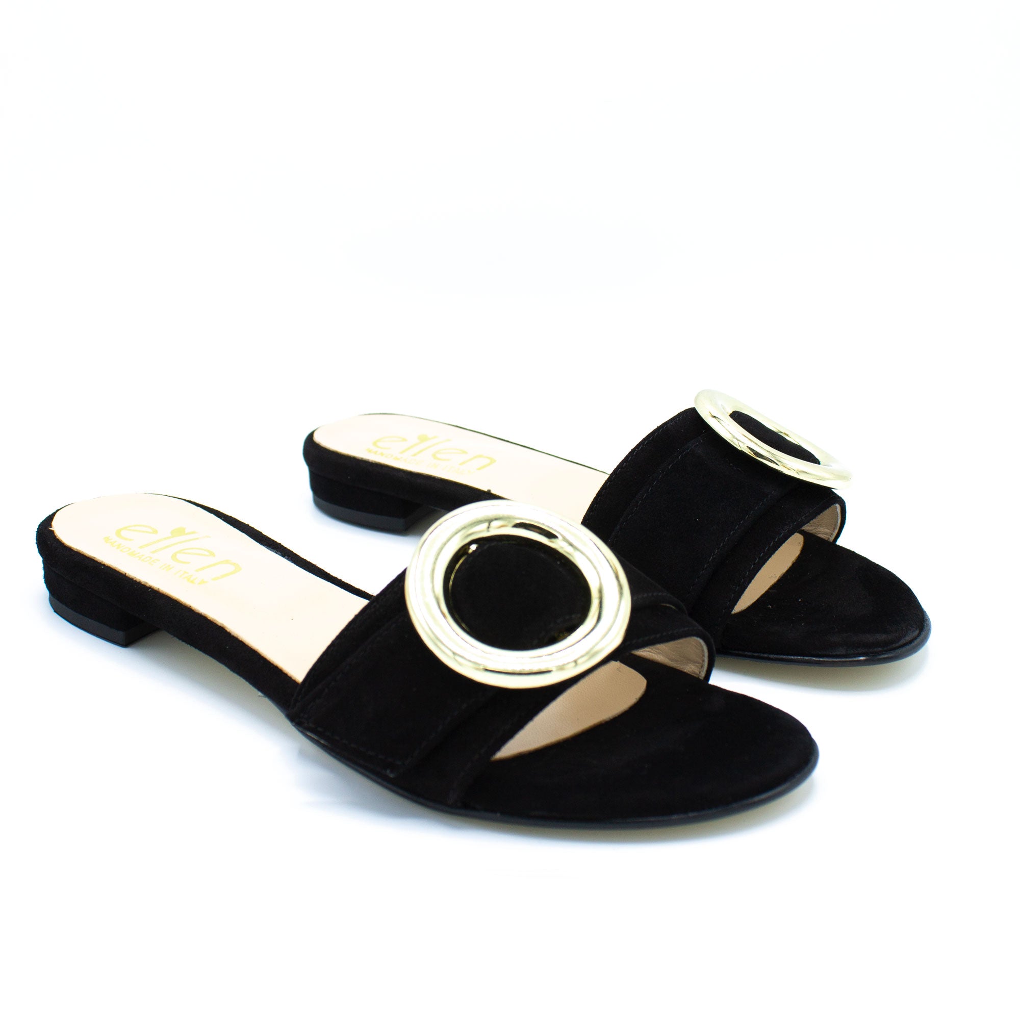Ciabattina donna in camoscio nero con fibbia oro