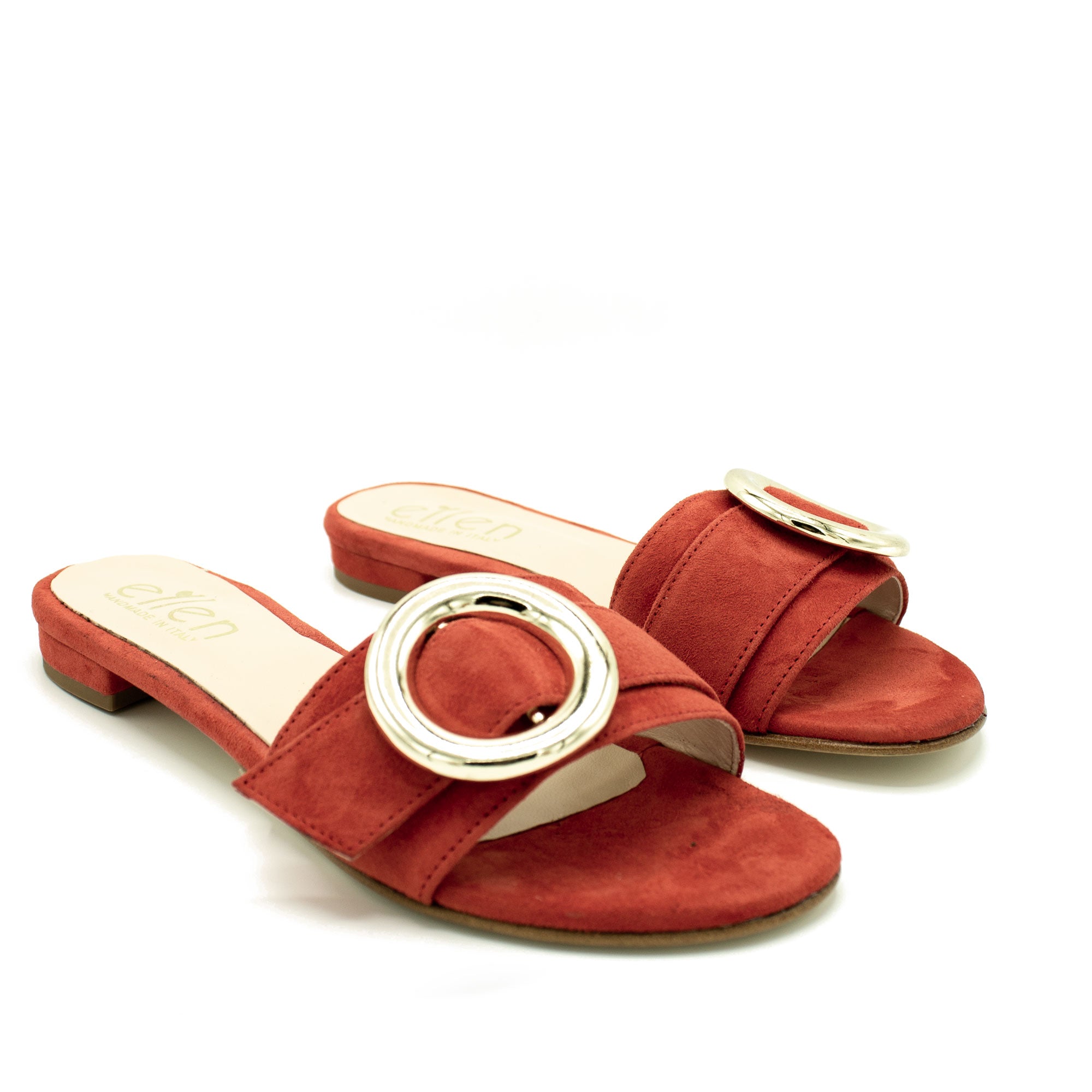 Ciabattina donna in camoscio rosso fibbia oro
