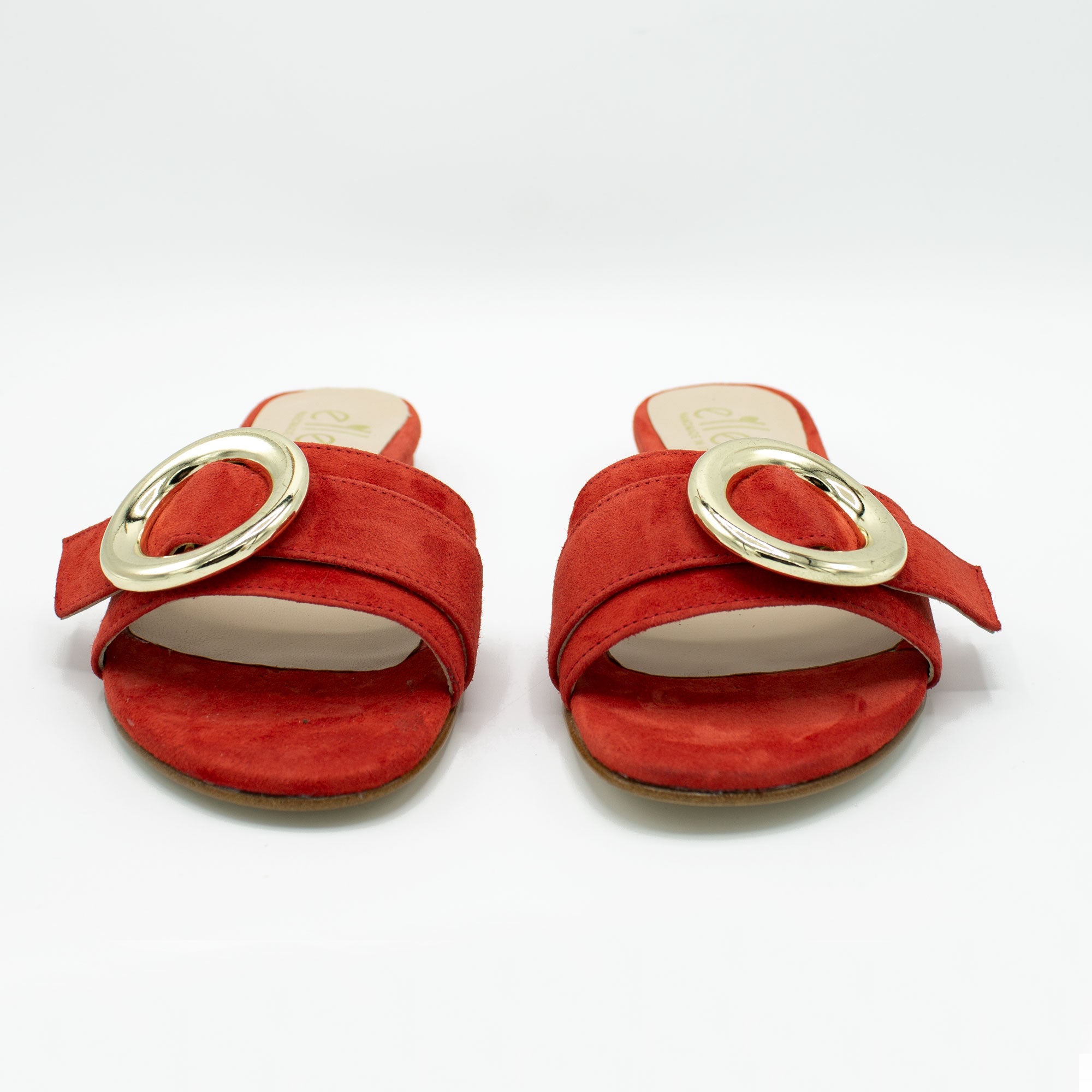 Ciabattina donna in camoscio rosso fibbia oro