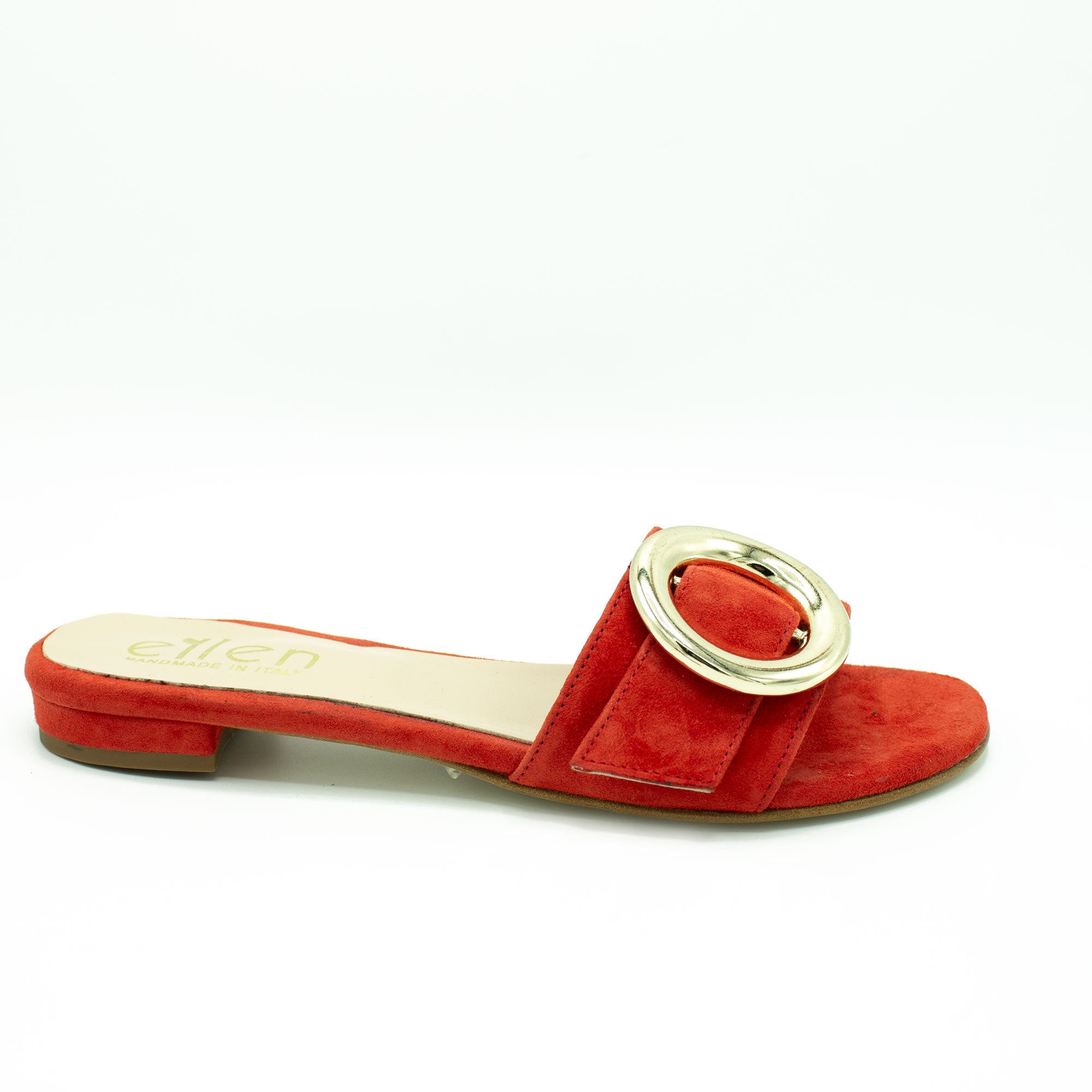 Ciabattina donna in camoscio rosso fibbia oro