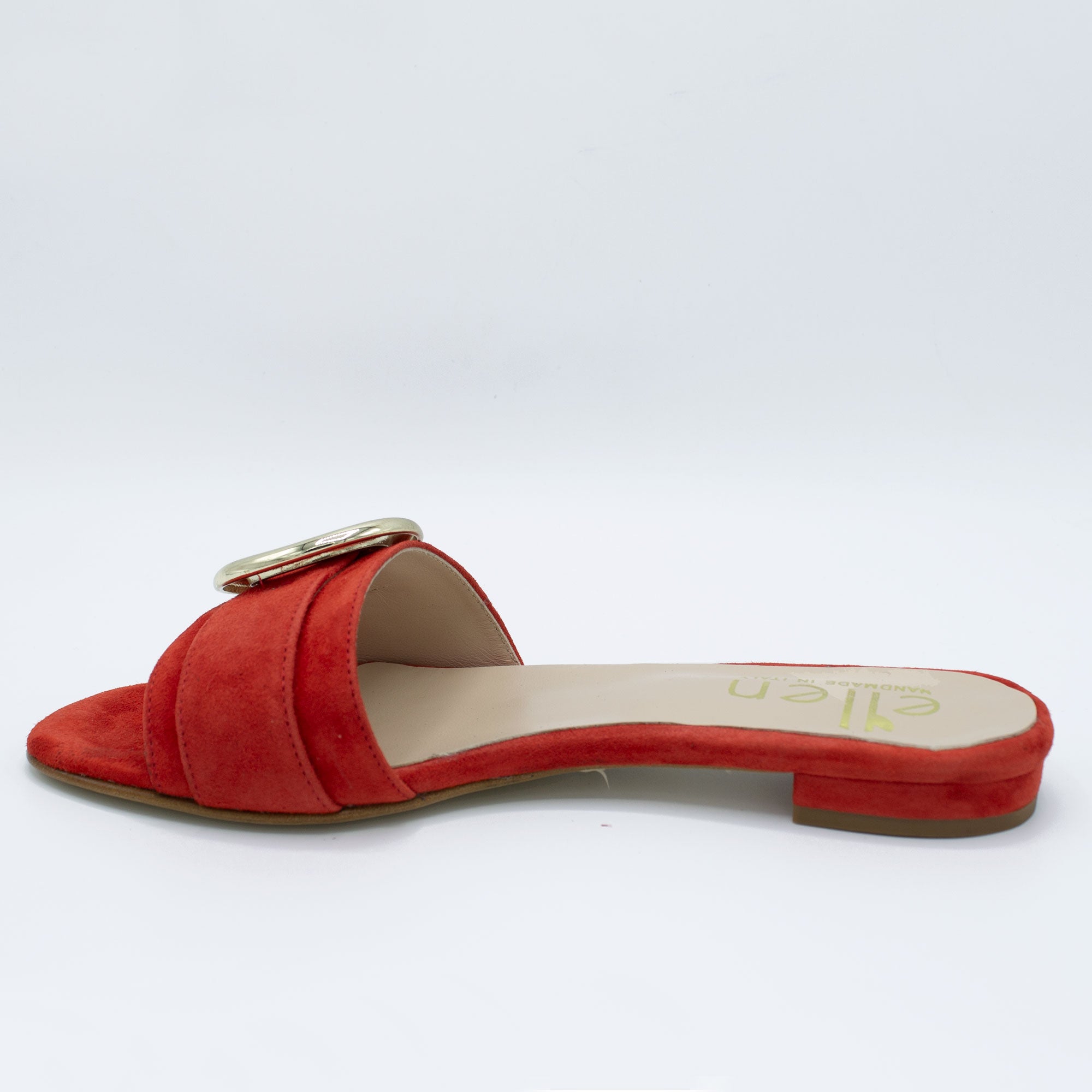 Ciabattina donna in camoscio rosso fibbia oro