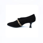 Dècolletè donna in camoscio nero con cinturino leopardo