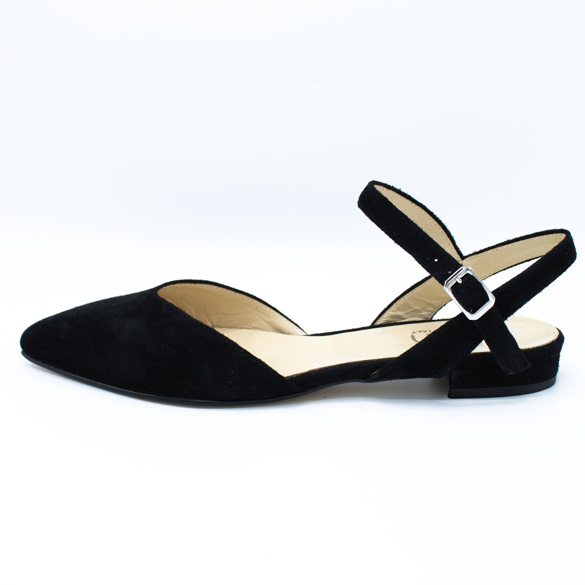 Slingback donna in camoscio nero con cinturino alla caviglia